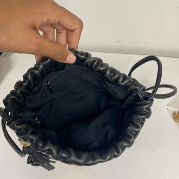 Gold Chain Tassel Women's Black Faux Leather Drawstring Crossbody Bag Small - Picture 7 of 7
